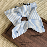 Scrunchie Thô Cotton hoạ tiết kẻ xanh nơ hàng thủ công handmade The Noya T50