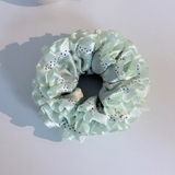 Scrunchie Cẩm Tú Cầu lụa xanh matcha chấm bi handmade by The Noya CTC23