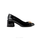 Giày Cao Gót Nữ VERSACE – Square Toe Patent Leather Black &amp; Gold – Mới 98% Full Box