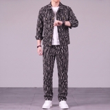 Bộ Đồ Áo Jacket Jean và Quần Jean Vân Họa Tiết Đen