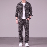 Bộ Đồ Áo Jacket Jean và Quần Jean Vân Họa Tiết Đen