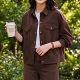 Jacket Jean Nữ Trễ Vai màu Nâu Cafe.