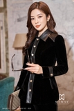 Outlet | Áo vest nhung cổ đức dáng dài phối da