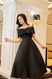 Outlet | (4 màu) Đầm xòe gấm trễ vai đính hoa Black Flower