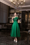 Outlet | (4 màu) Đầm xòe gấm trễ vai đính hoa Black Flower