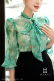 Outlet | (2 màu) Áo kiểu tay bồng cổ nơ họa tiết Canary Flower