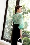 Outlet | (2 màu) Áo kiểu tay bồng cổ nơ họa tiết Canary Flower