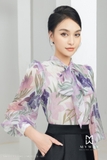 Outlet | (2 màu) Áo kiểu tay bồng cổ nơ họa tiết Canary Flower
