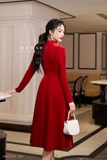 Outlet | (2 màu) Đầm nhung cổ cao chiết eo sang trọng