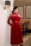 Outlet | (2 màu) Đầm nhung cổ cao chiết eo sang trọng