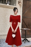Outlet | (2 màu) Đầm xòe cổ tròn chất liệu nhung