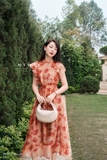 Outlet | Đầm xòe midi tay bèo hoa cam