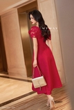 Outlet | (4 màu) Đầm xòe gấm trễ vai đính hoa Black Flower