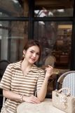 Outlet | (2 màu) Đầm suông kẻ ngang cổ tim