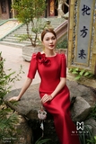 Outlet | Đầm tiệc đỏ tay lỡ đính hoa