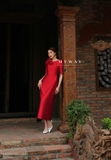 Outlet | Đầm tiệc đỏ tay lỡ đính hoa