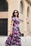 Outlet | Đầm xòe hoa tay ngắn xếp ly
