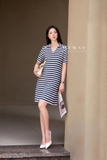 Outlet | (2 màu) Đầm suông kẻ ngang cổ tim