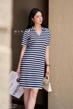 Outlet | (2 màu) Đầm suông kẻ ngang cổ tim
