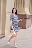 Outlet | (2 màu) Đầm suông kẻ ngang cổ tim