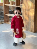 Set Áo Dài Đỏ Họa Tiết Rồng Quần Kem