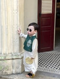 Set Áo Dài Kem Choàng Xanh Hình Rồng