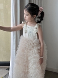 Váy Dài Hồng Hoa Phối Voan Cột Dây YY