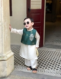 Set Áo Dài Kem Choàng Xanh Hình Rồng