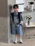 SET Jean Ngắn Xanh Chữ Trắng FS