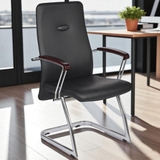 Ghế phòng họp GHY04 lưng cao bọc da PVC, tay ốp gỗ, khung chân thép mạ oval sang trọng