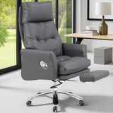 Ghế giám đốc Hòa Phát GGDY018 màu xám, thiết kế ngả lưng có gác chân kéo ra – chân xoay thép mạ sang trọng, phong cách hiện đại cho văn phòng lãnh đạo.