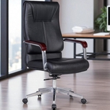Ghế giám đốc GGDY036 lưng cao bọc da, tay thép mạ ốp gỗ, chân xoay mạ sáng bóng, thiết kế sang trọng và bền bỉ