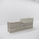 Quầy lễ tân YOTA QLTY15-24 hiện đại, màu trắng phối vân gỗ, tích hợp kệ và ngăn chứa tiện lợi.