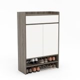 Tủ giày TGY26 rộng 0.8M, cao 1.2M, màu trắng phối gỗ xám, 2 cánh, 1 hộc kéo và 2 tầng kệ hở