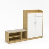 Tủ giày 1M6 TGY13 kết hợp ghế ngồi, thiết kế gỗ MDF phủ Melamine hiện đại, màu vân gỗ sáng và trắng, có ngăn kéo và nhiều kệ để giày.