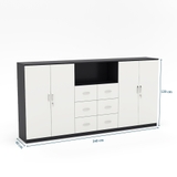 Tủ hồ sơ thấp THSTY14 trắng – đen, 3 khoang tiện dụng với ngăn kéo, kệ mở và ngăn khóa hiện đại.