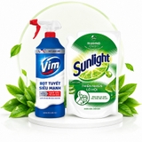 Xịt bọt tuyết siêu mạnh VIM tẩy bồn cầu và nhà tắm và Nước rửa chén Sunlight thiên nhiên lô hội túi 1.9 lít