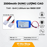 Pin Sạc Lithium-ion 2S 7.4V 2500mAh Jack XH 2.54mm 2P (Tích Hợp Mạch BMS)