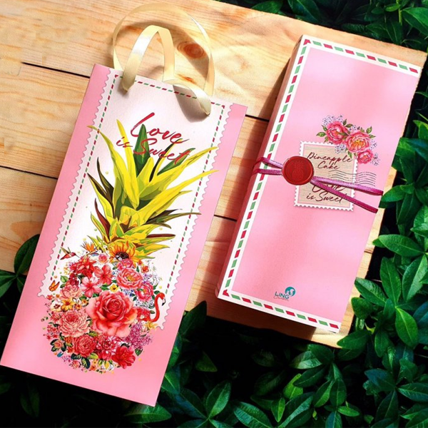 Bộ túi hộp bánh dứa hoa viên (màu hồng)
