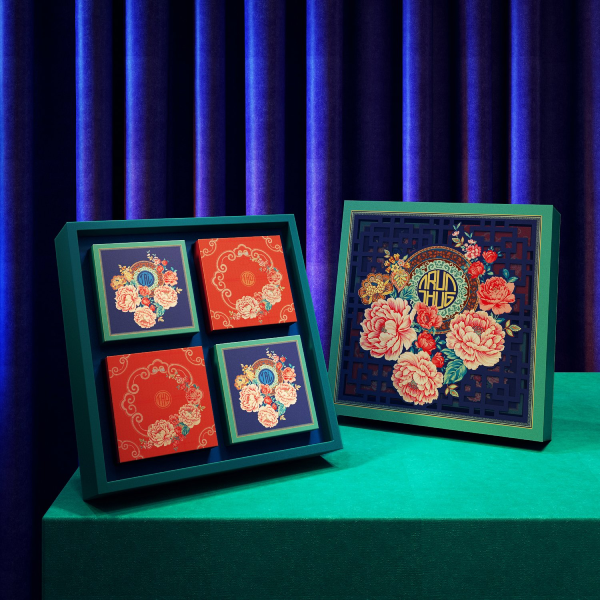 Bộ túi hộp trung thu Mẫu Đơn xanh 4 bánh