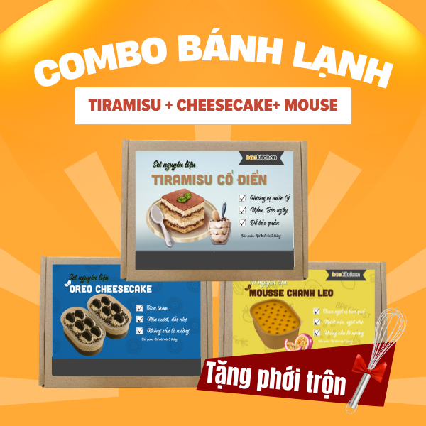 Combo 3 set Bánh lạnh tặng 1 phới lồng ( 1 set tiramisu cổ điển, 1 set cheecake oreo 2 hộp oval, 1 set Mousse chanh leo 1 hộp 750ml)