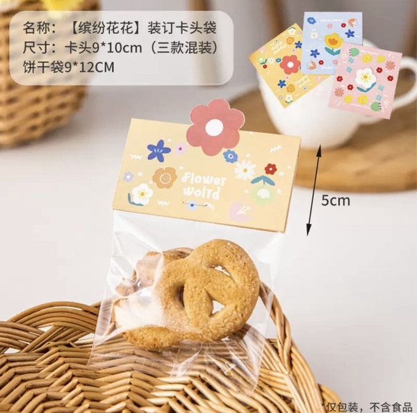 Túi cookie trong đựng bánh kèm tag hoa 9x12cm (10c)