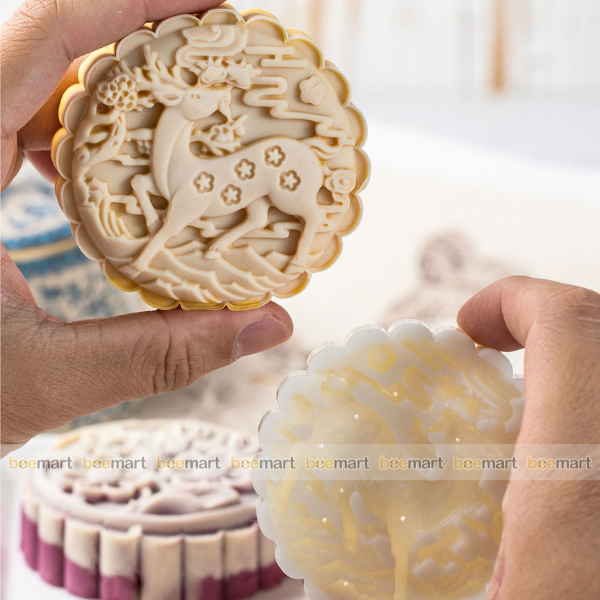 Khuôn trung thu lò xo 4 mặt hình hoa, hươu sao, bí ngô