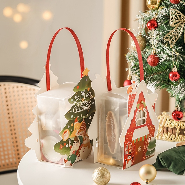 Hộp nhựa đựng bánh có quai xách cây thông Noel (5c)