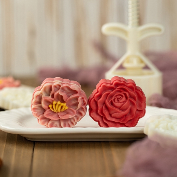 Khuôn trung thu lò xo 2 mặt hoa trà hoa hồng 75g