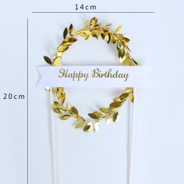 Que cắm Happy Birthday vòng nguyệt quế vàng