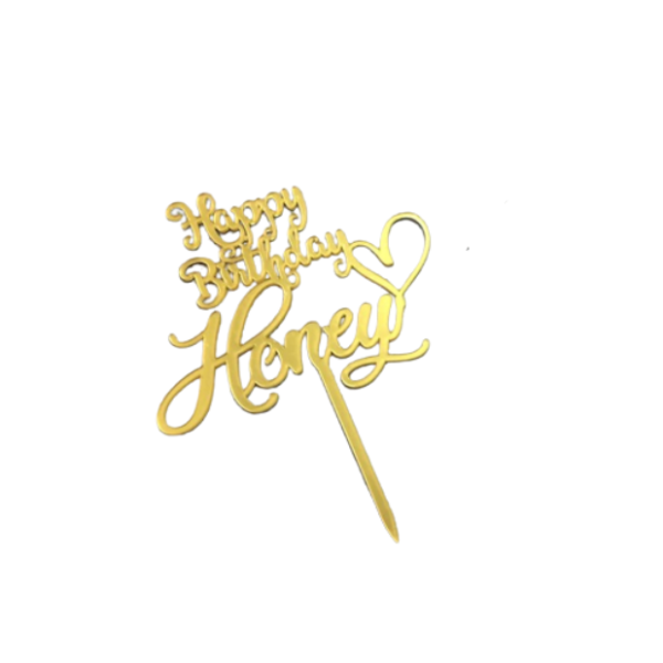 Topper mica Happy birthday Honey (màu vàng)