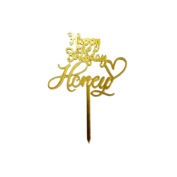 Topper mica Happy birthday Honey (màu vàng)