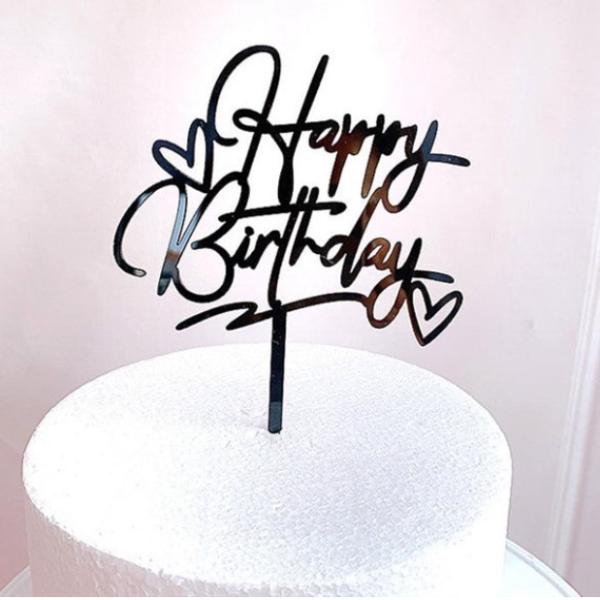 Topper mica HPBD 2 trái tim (màu đen)