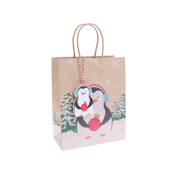 Túi giấy Kraft đựng quà họa tiết Chim cánh cụt (kèm dây tag)